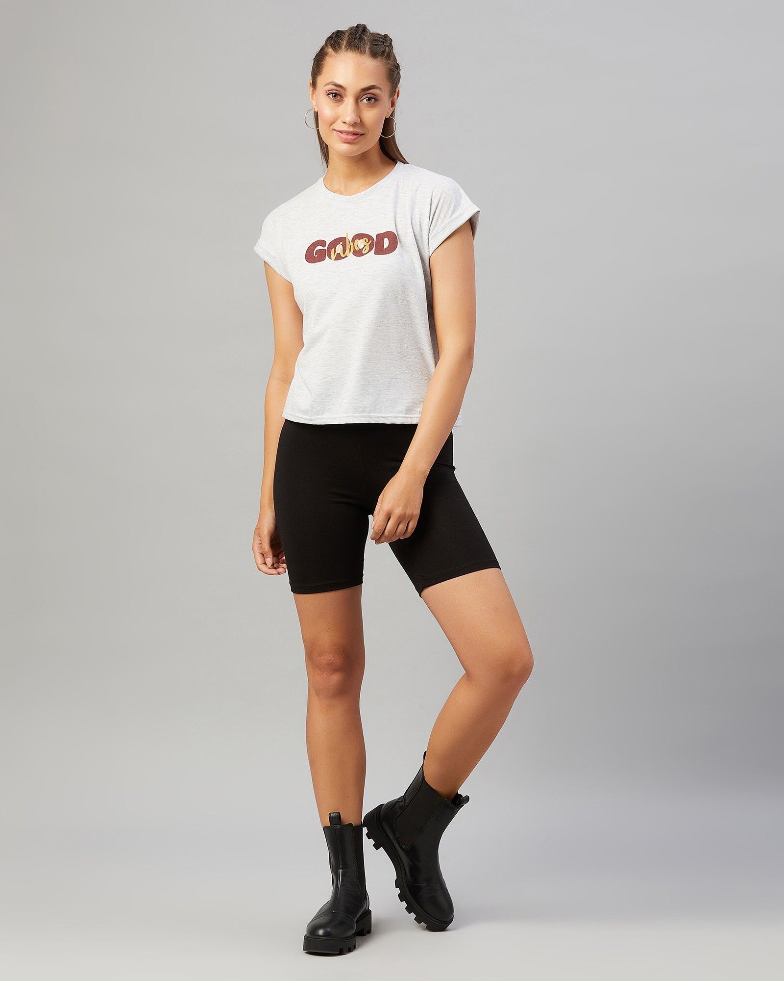 Women Printed Round Neck Pure Cotton Grey T-Shirt-image-16