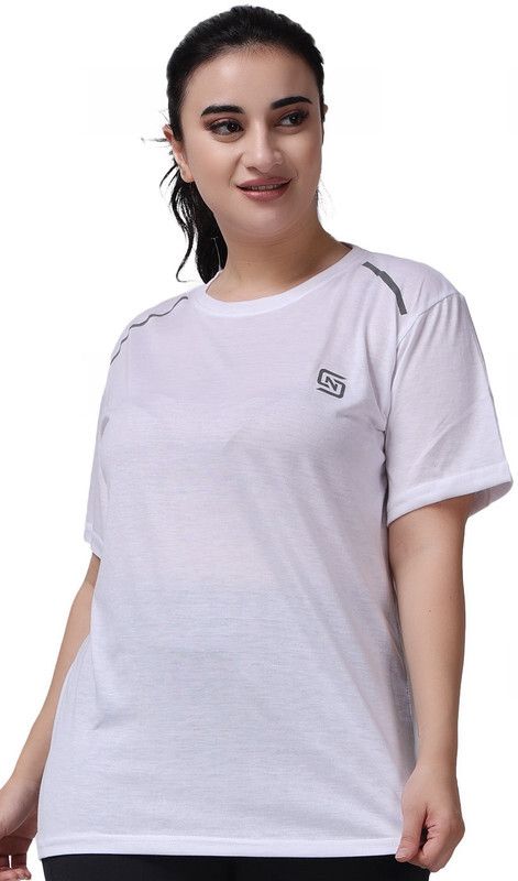 Women Solid Round Neck Polyester White T-Shirt