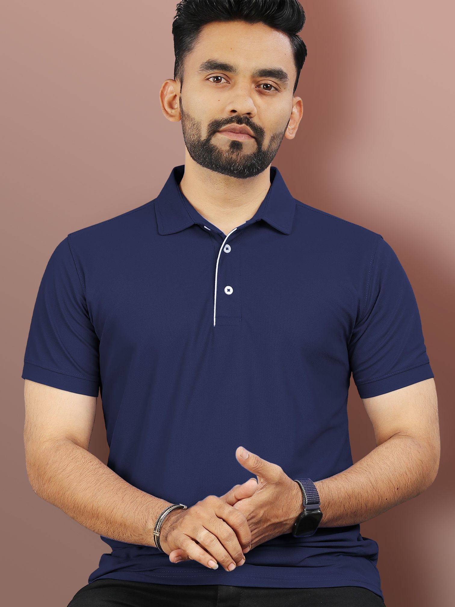 vebnor Men Solid Polo Neck Polyester Navy Blue T-Shirt-picture-22