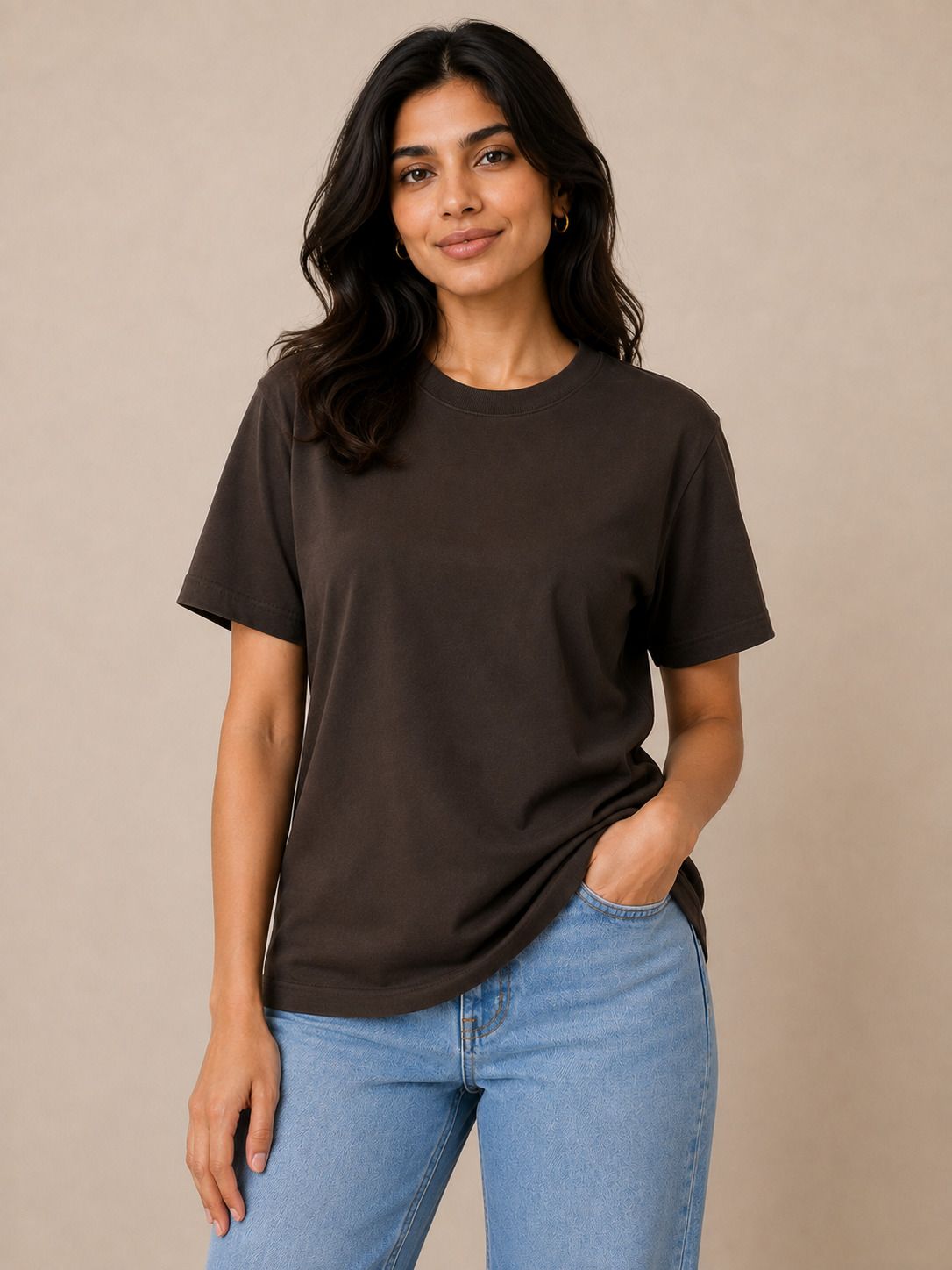 Women Solid Round Neck Viscose Rayon Brown T-Shirt-image-2