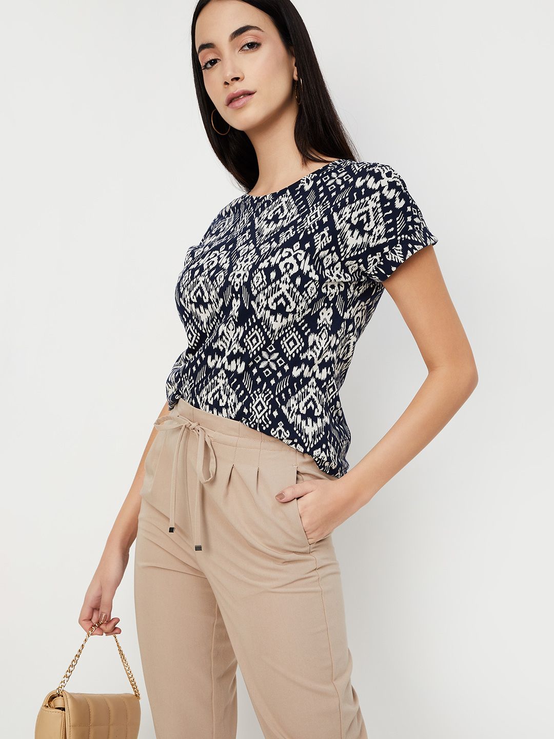 Women Printed Round Neck Pure Cotton Blue T-Shirt-image-46