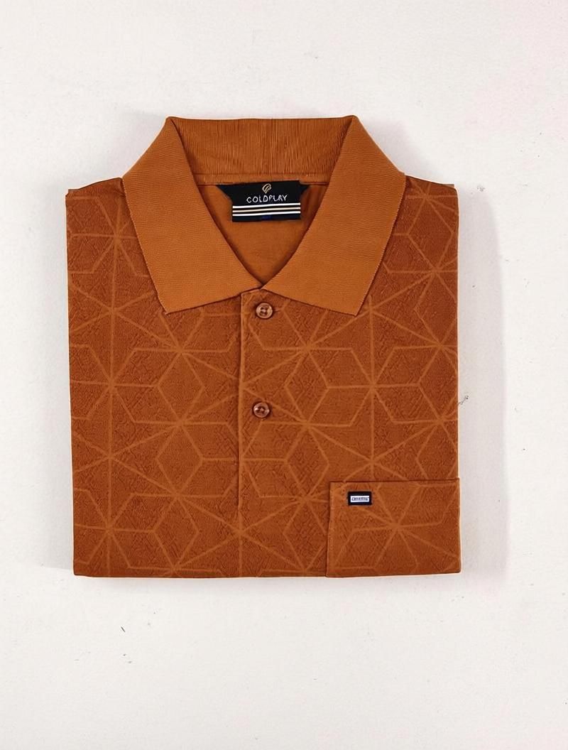 Men Geometric Print Polo Neck Cotton Blend Orange T-Shirt-image-25