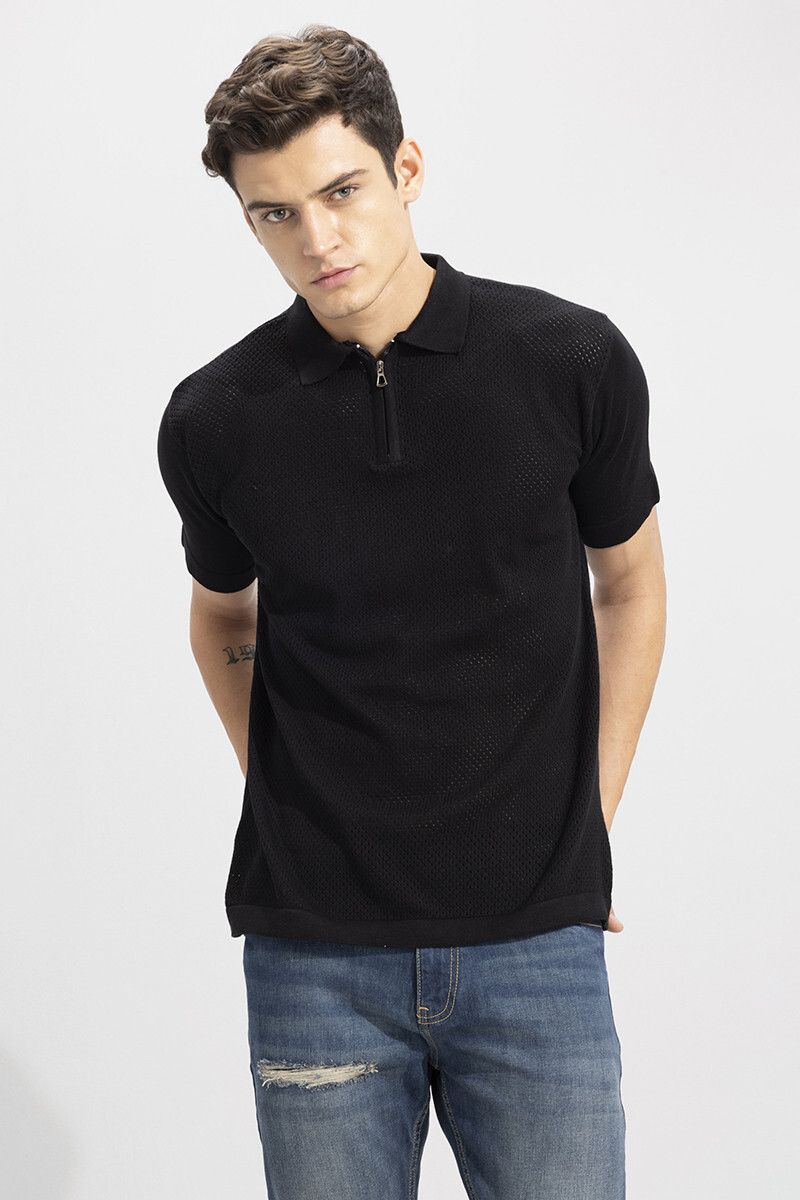 snitch Men Solid Polo Neck Pure Cotton Black T-Shirt-picture-24