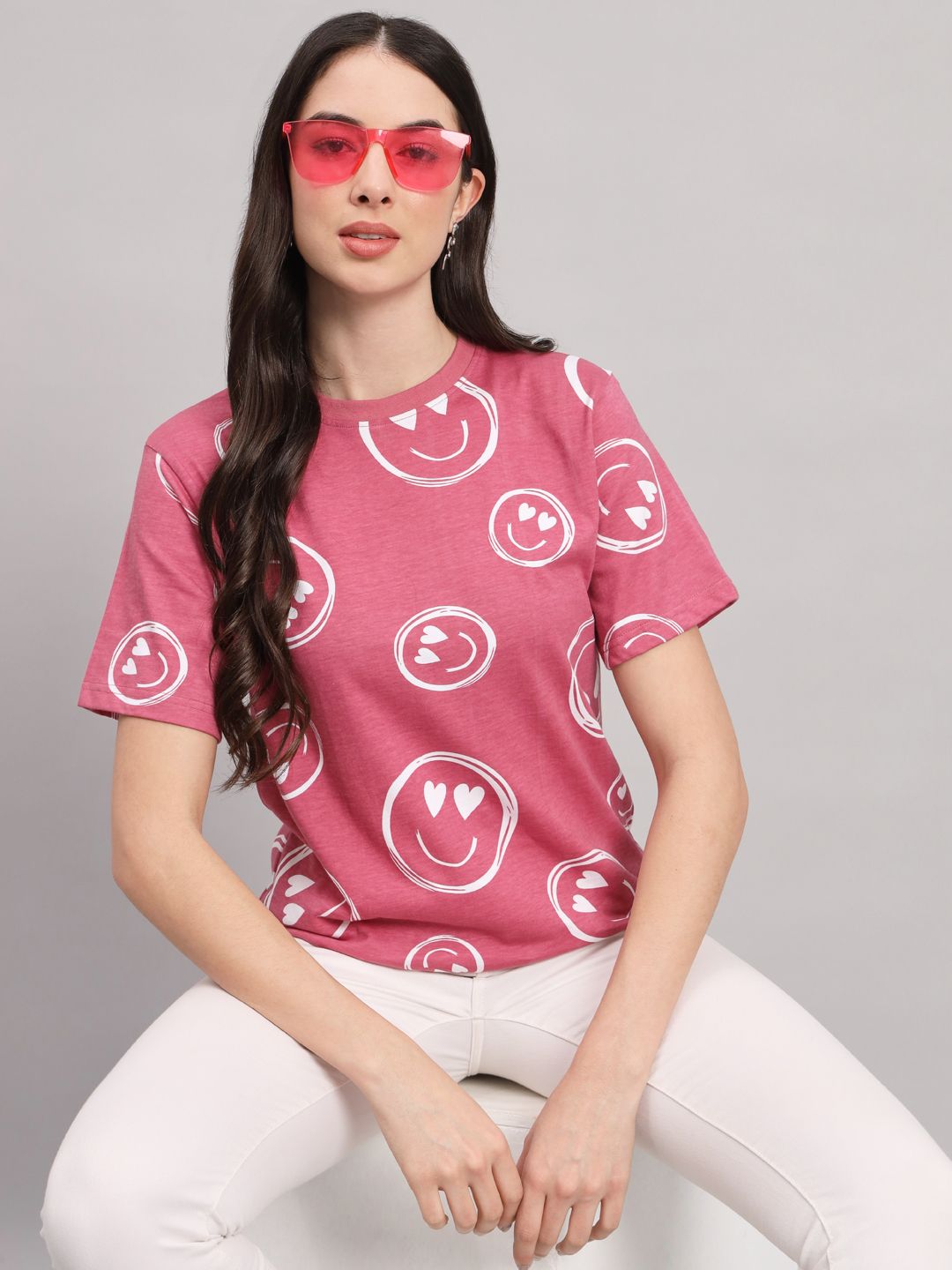 the dry state Women Printed Round Neck Pure Cotton Pink T-Shirt-picture-23