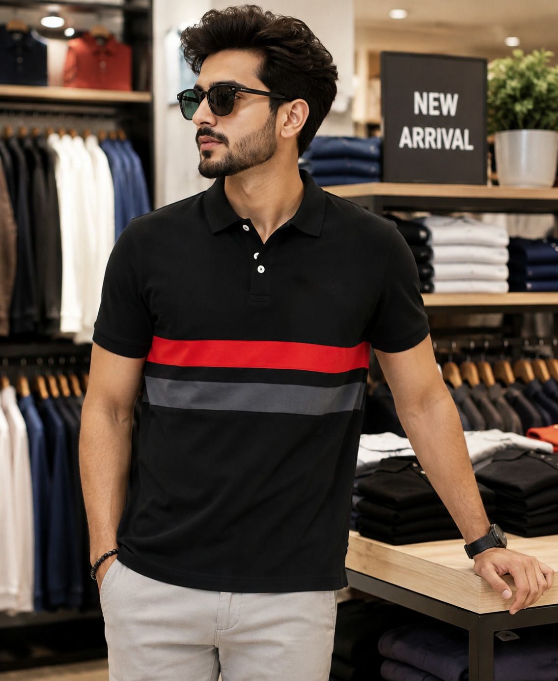 Men Striped, Solid, Colorblock Polo Neck Cotton Blend Black T-Shirt-image-29
