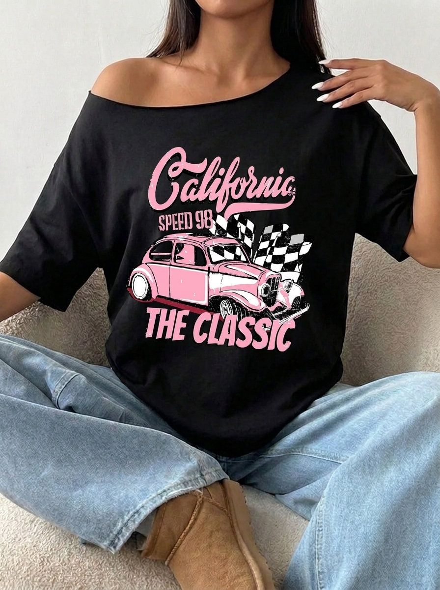 Women Graphic Print Round Neck Cotton Blend Black T-Shirt-image-9