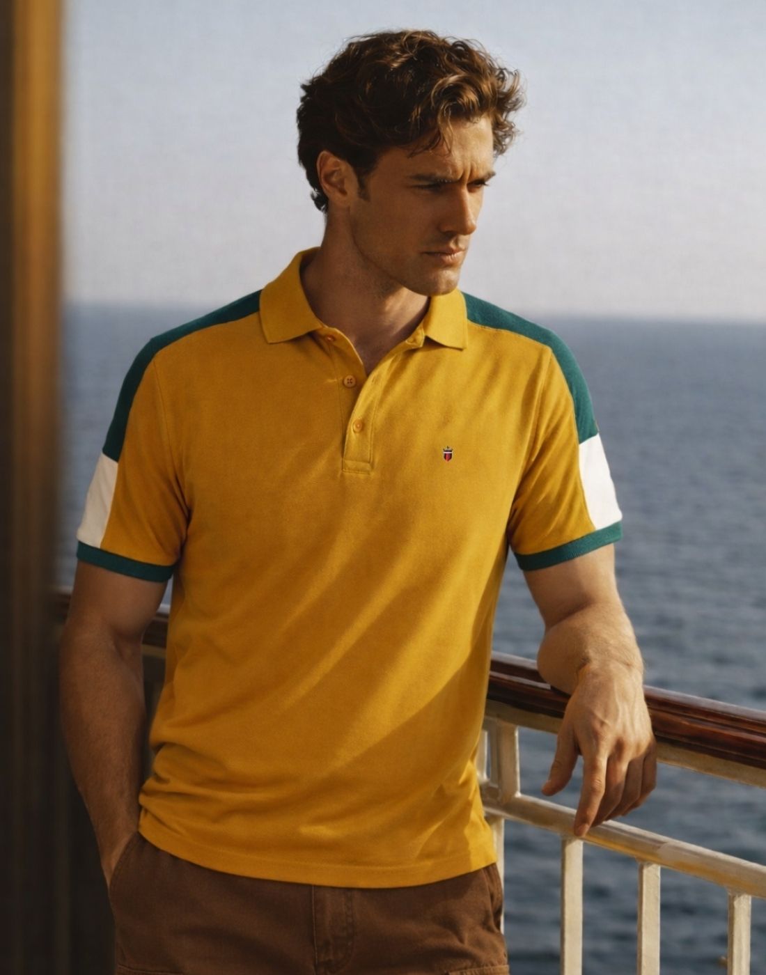Men Colorblock Polo Neck Pure Cotton Yellow T-Shirt-image-4