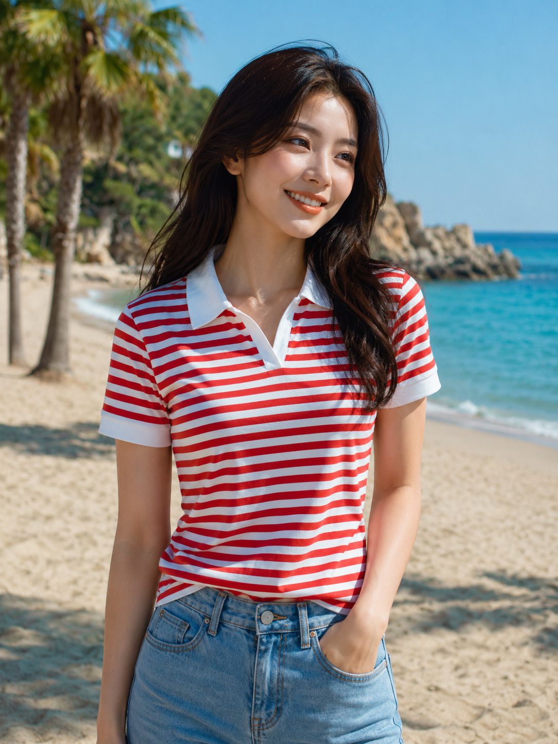Women Striped Polo Neck Cotton Blend Red, White T-Shirt-image-6