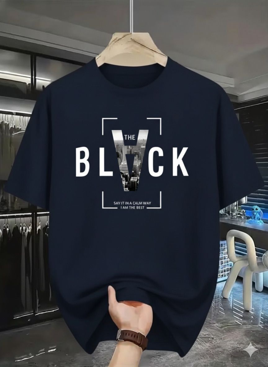 Men Graphic Print Round Neck Cotton Blend Black T-Shirt