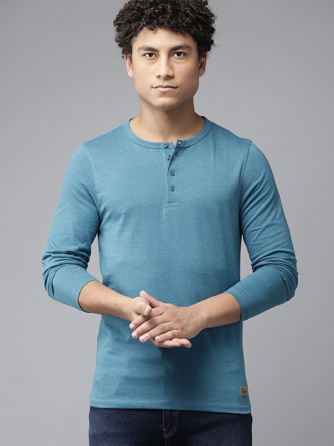 roadster Men Solid Henley Neck Pure Cotton Blue T-Shirt-picture-28