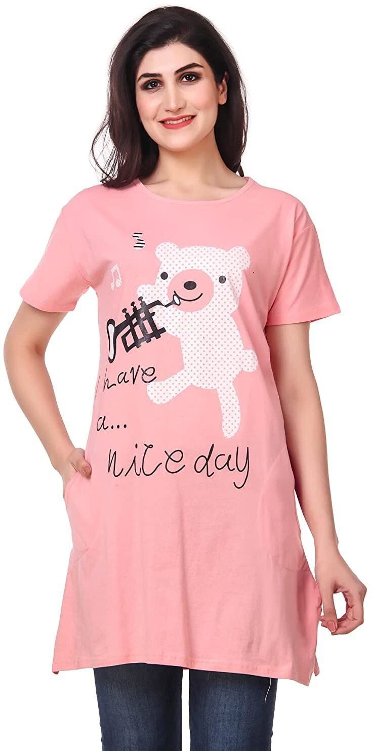 kanchan world Women Printed Round Neck Cotton Blend Pink T-Shirt-picture-16