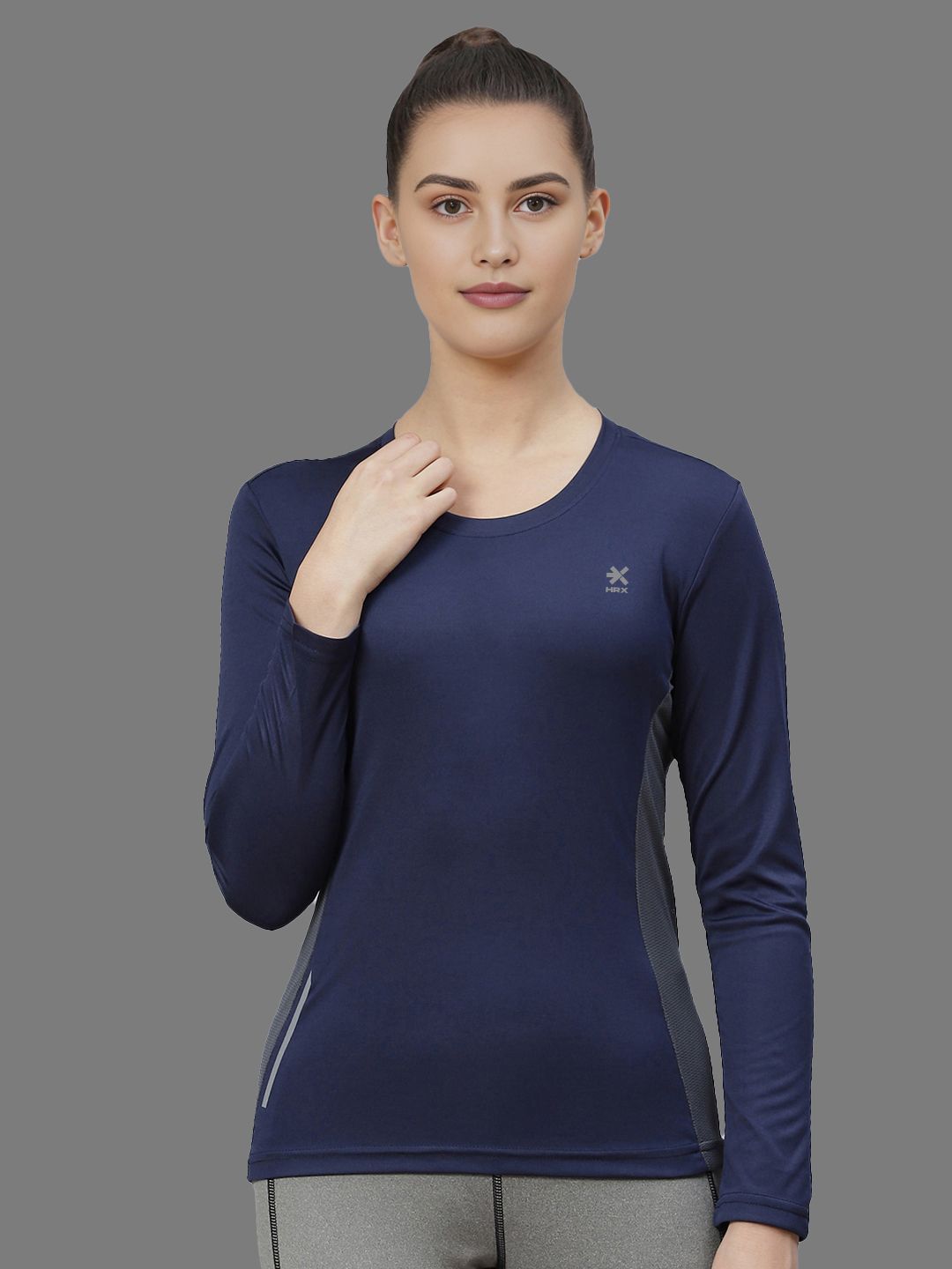 Women Solid Round Neck Polyester Navy Blue T-Shirt