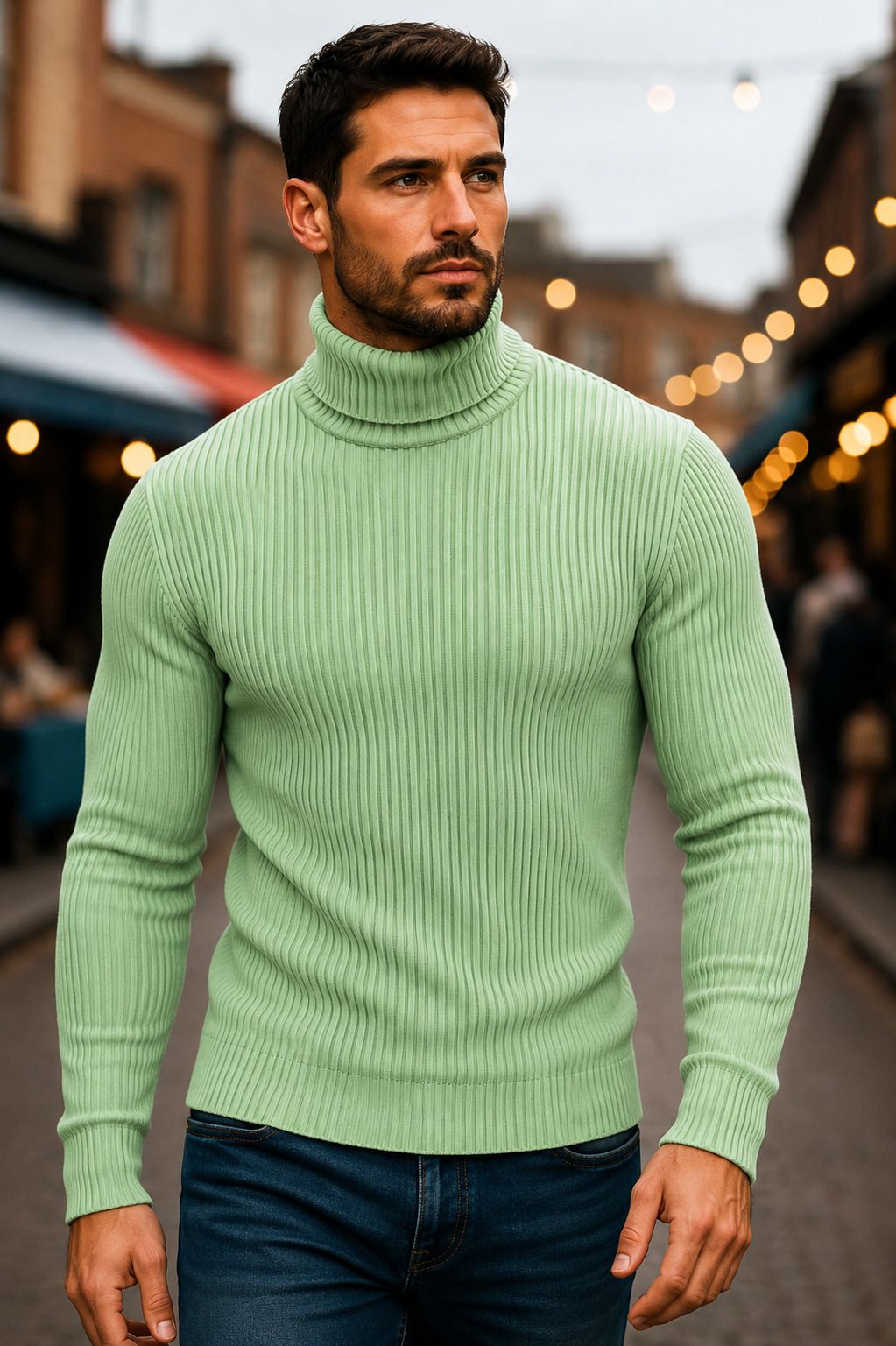 Men Self Design High Neck Green Sweater-image-11