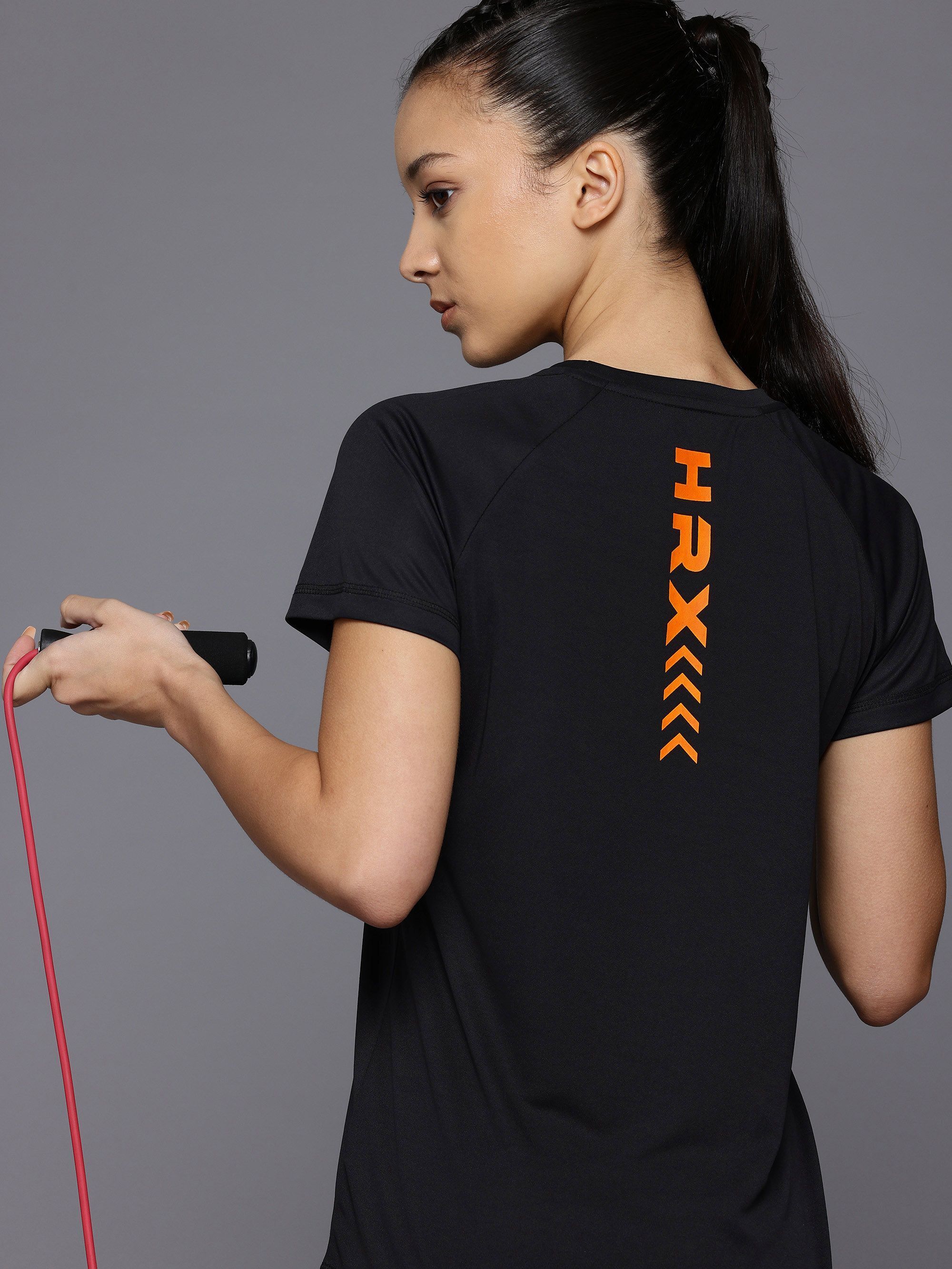 Women Printed Round Neck Polyester Black T-Shirt