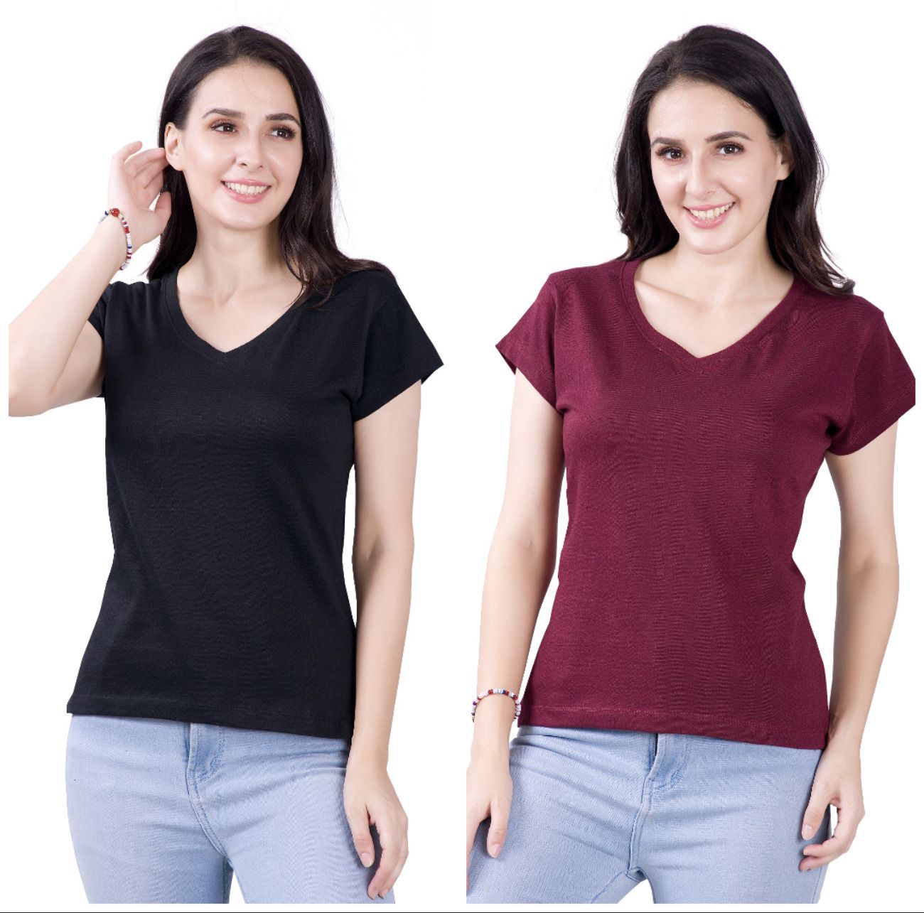Pack of 2 Women Solid V Neck Cotton Blend Black, Maroon T-Shirt-image-48