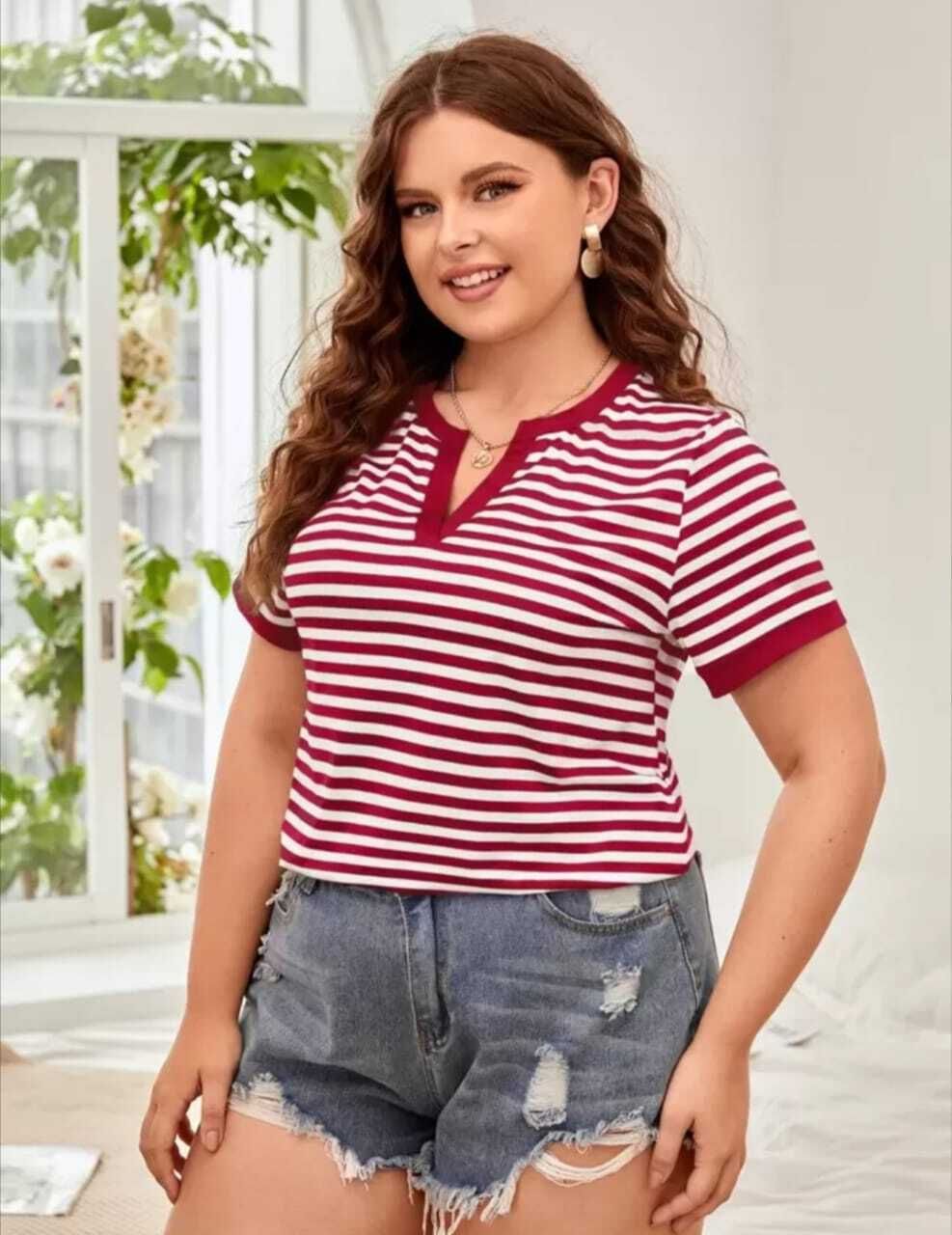 Women Striped Round Neck Pure Cotton Red T-Shirt-image-22