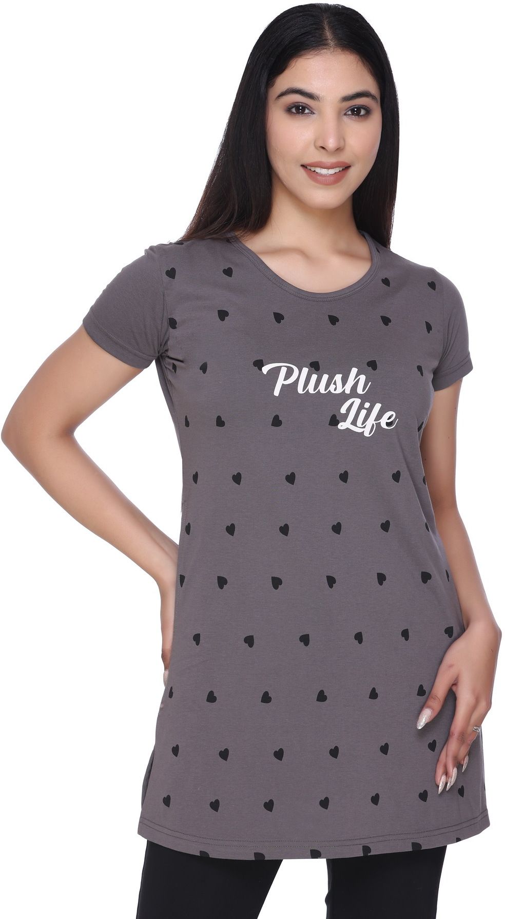 Women Printed Round Neck Cotton Blend Grey T-Shirt-image-48