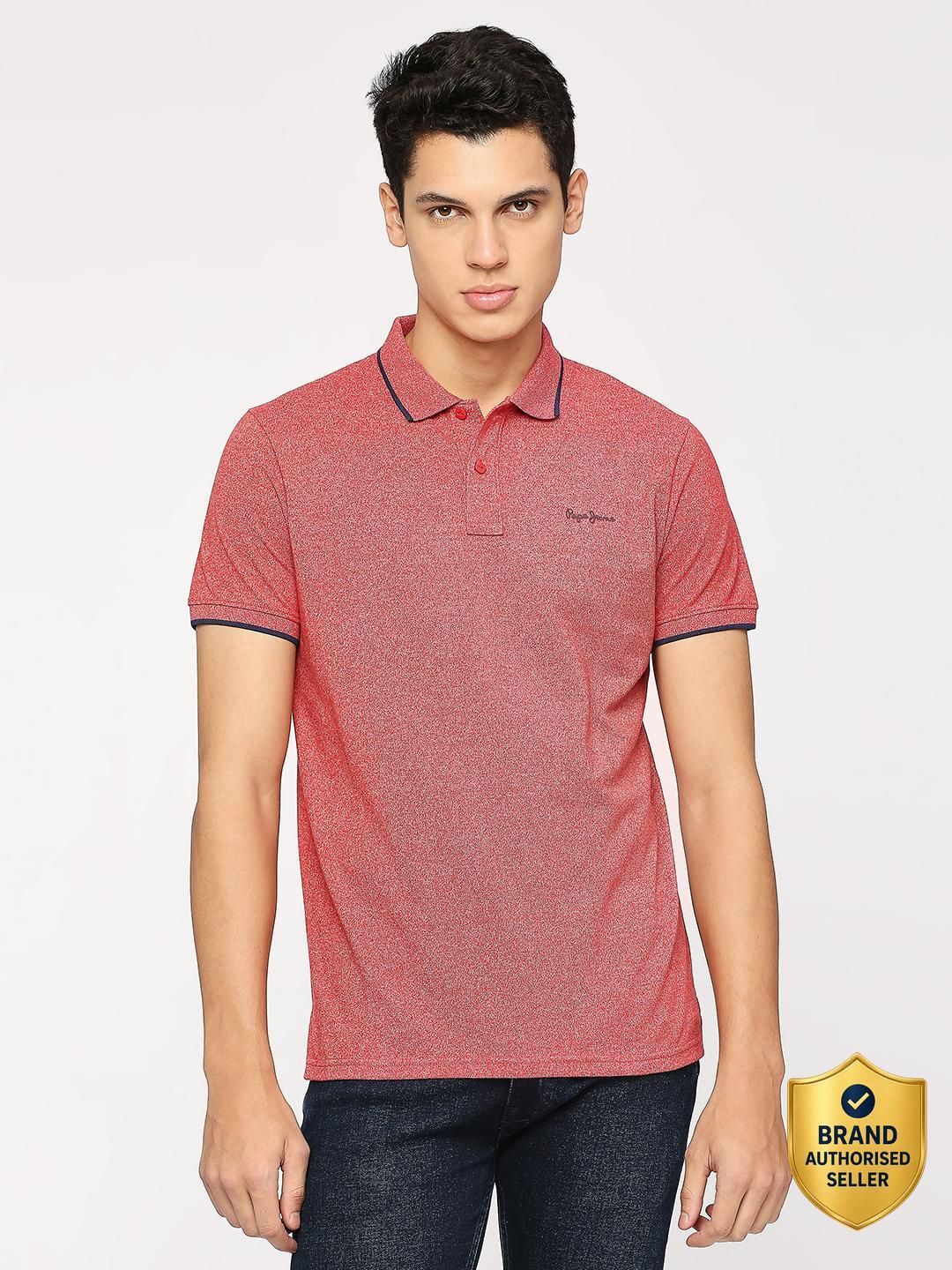 pepe jeans Men Solid Polo Neck Cotton Blend Red T-Shirt-picture-11