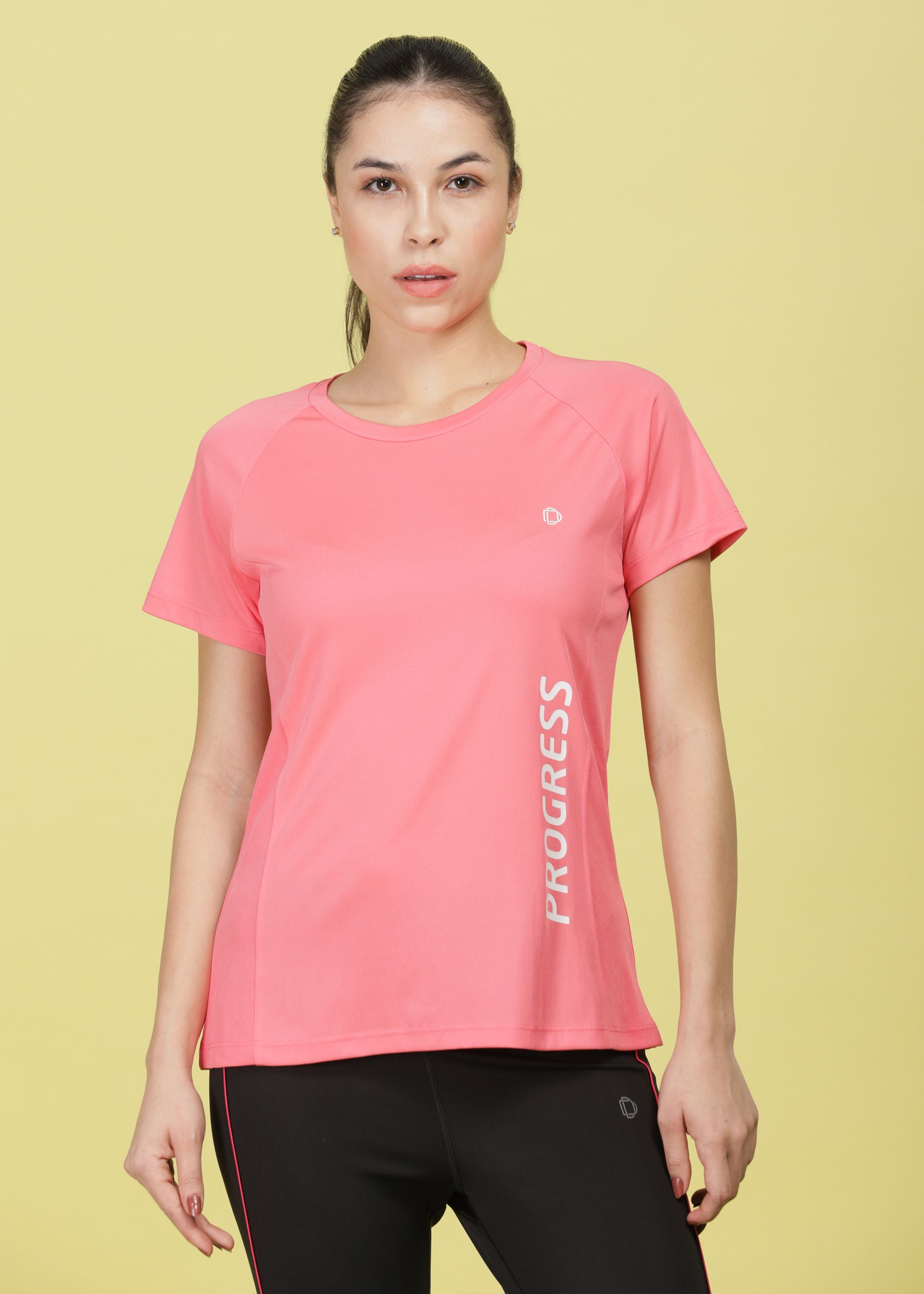 Microfiber Anti Bacterial Sports Women Solid Crew Neck Polyester Pink T-Shirt