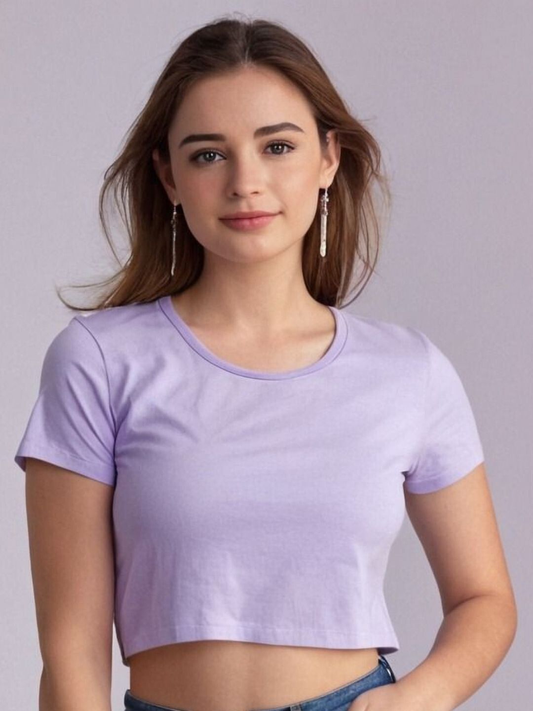 Women Self Design Round Neck Cotton Blend Purple T-Shirt-image-43