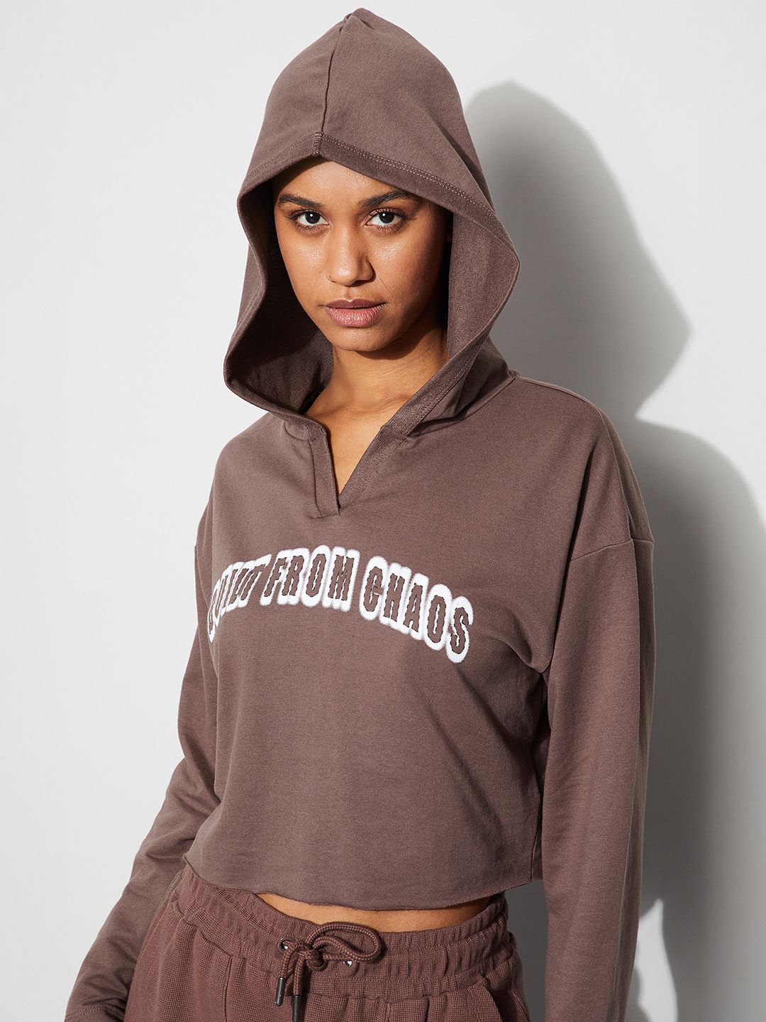 Women Printed Hooded Neck Cotton Blend Brown T-Shirt-image-1