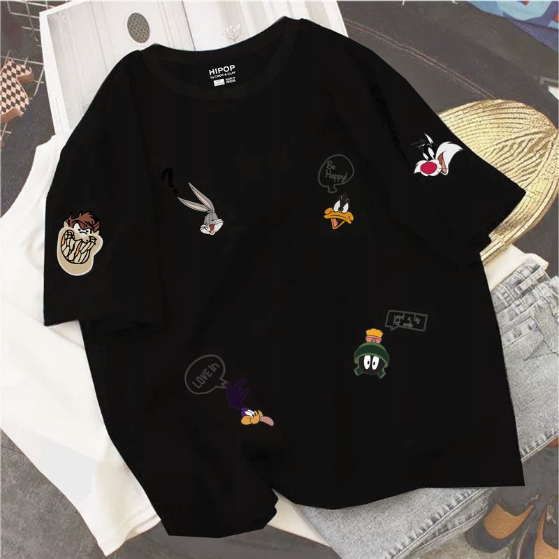 Women Printed Round Neck Reversible Pure Cotton Black T-Shirt