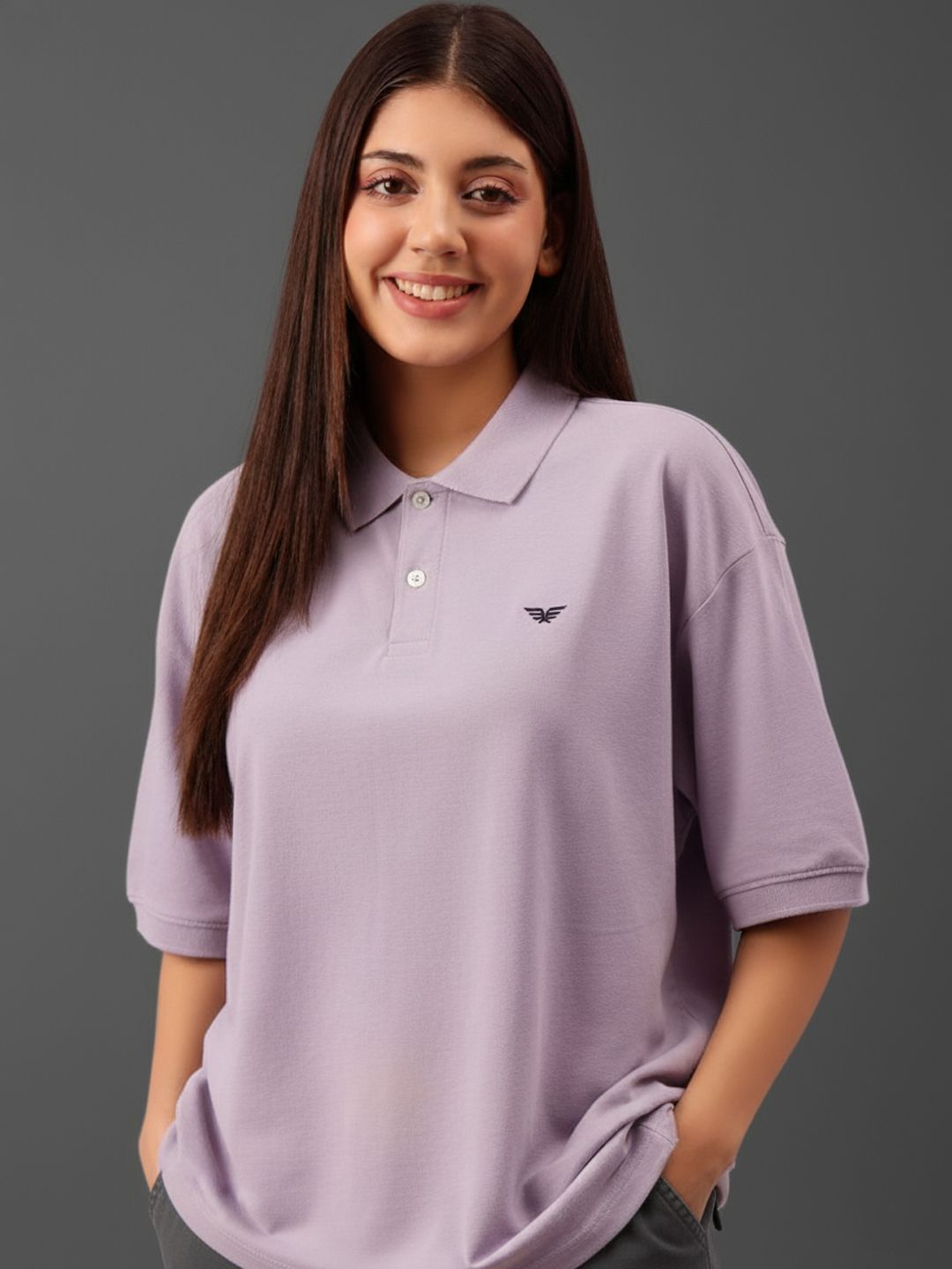riss clothing Women Solid Polo Neck Cotton Blend Purple T-Shirt-picture-12