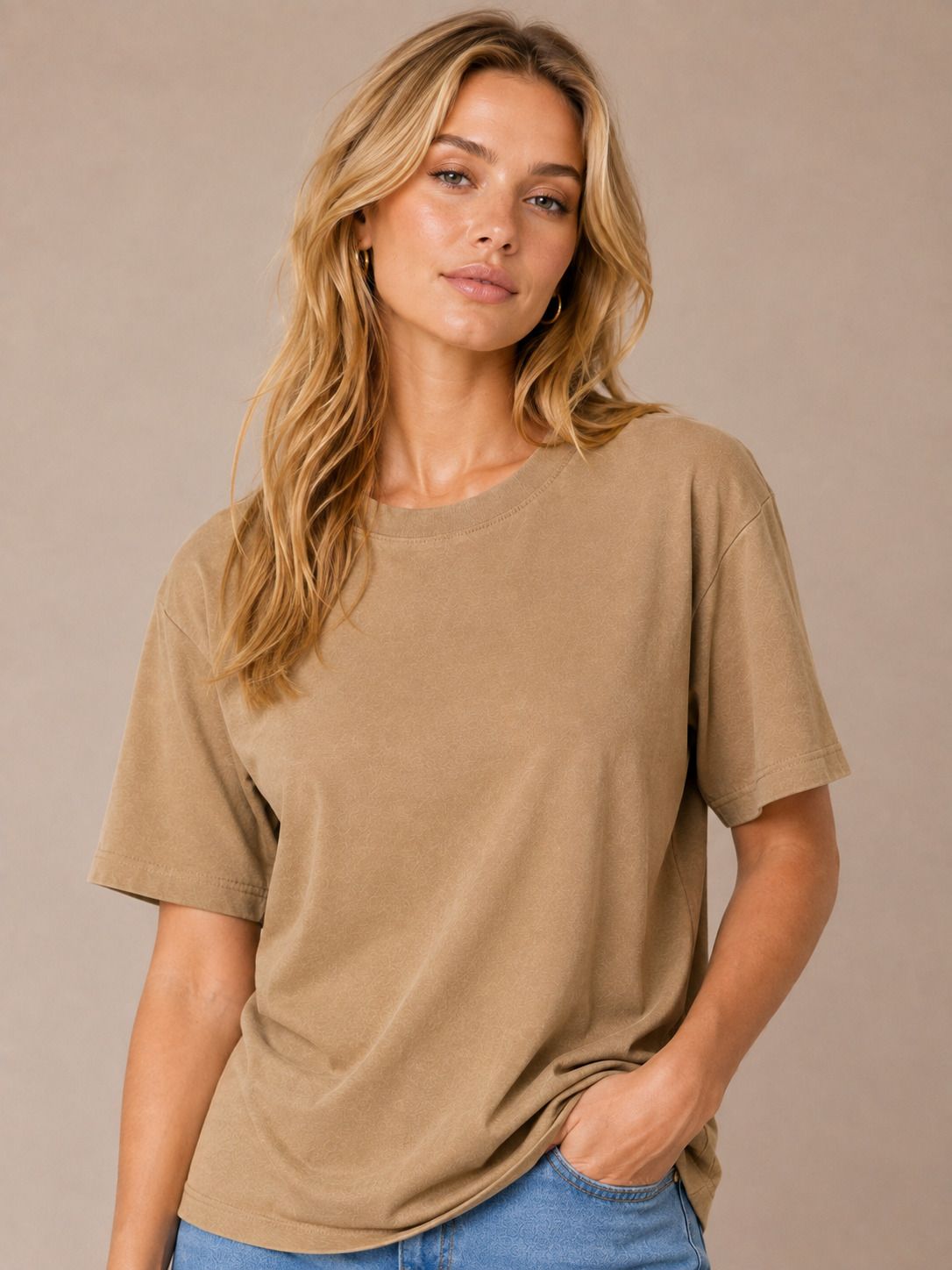 Women Solid Round Neck Viscose Rayon Beige T-Shirt-image-24