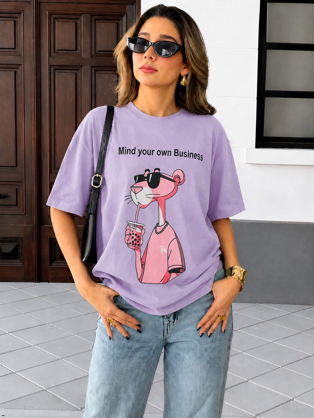 fabflee Women Printed Round Neck Cotton Blend Purple T-Shirt-picture-1