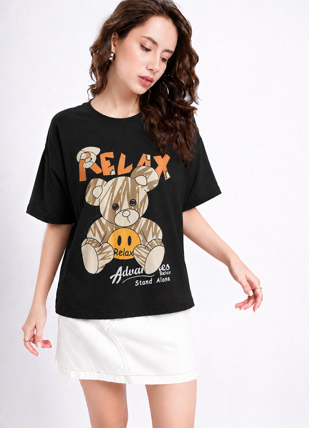 fabflee Women Printed Round Neck Cotton Blend Black T-Shirt-picture-38