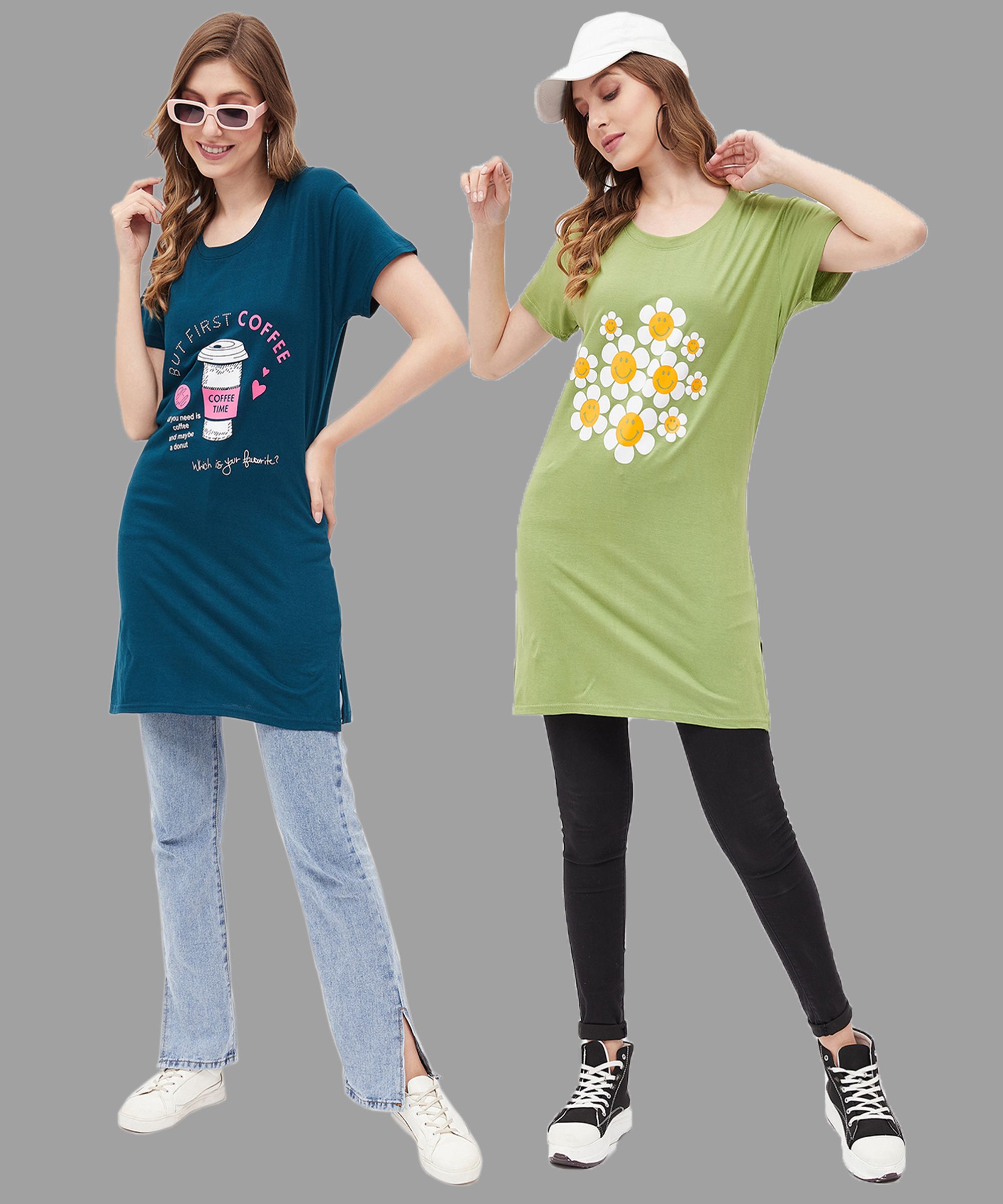 christy world Pack of 2 Women Printed Round Neck Pure Cotton Dark Blue, Light Green T-Shirt-picture-17