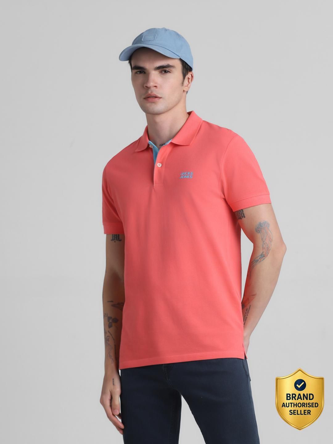 jack & jones Men Solid Polo Neck Cotton Blend Pink T-Shirt-picture-10