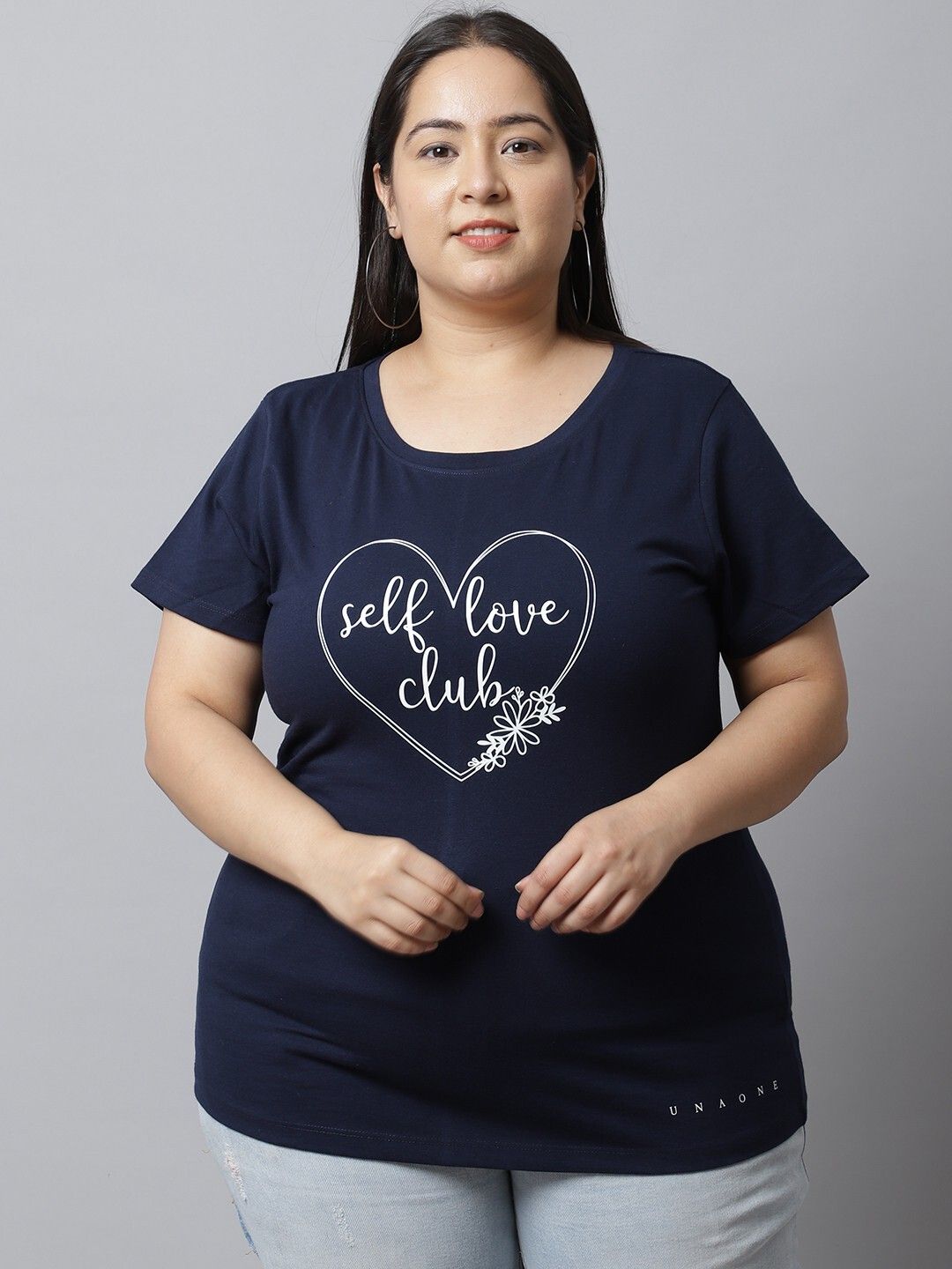 unaone Women Typography Round Neck Pure Cotton Navy Blue T-Shirt-picture-24