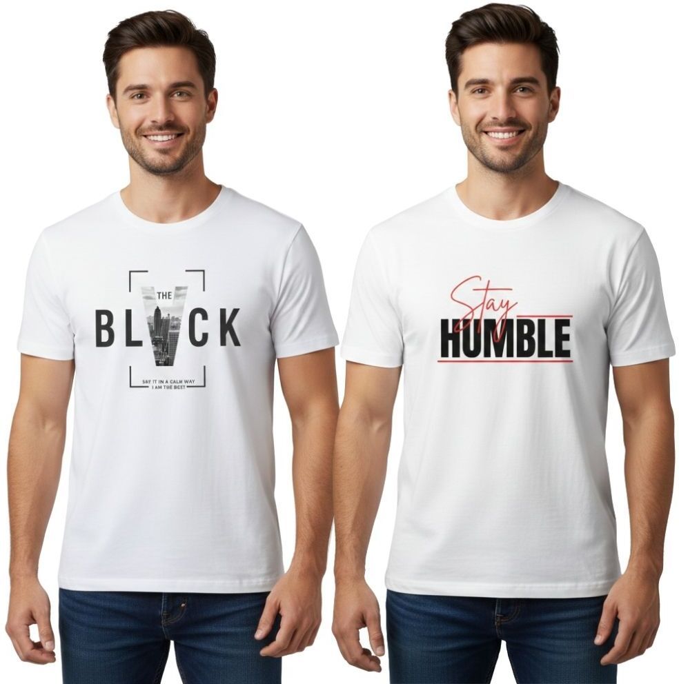 vkv fshion Pack of 2 Men Graphic Print Round Neck Cotton Blend White T-Shirt-picture-21