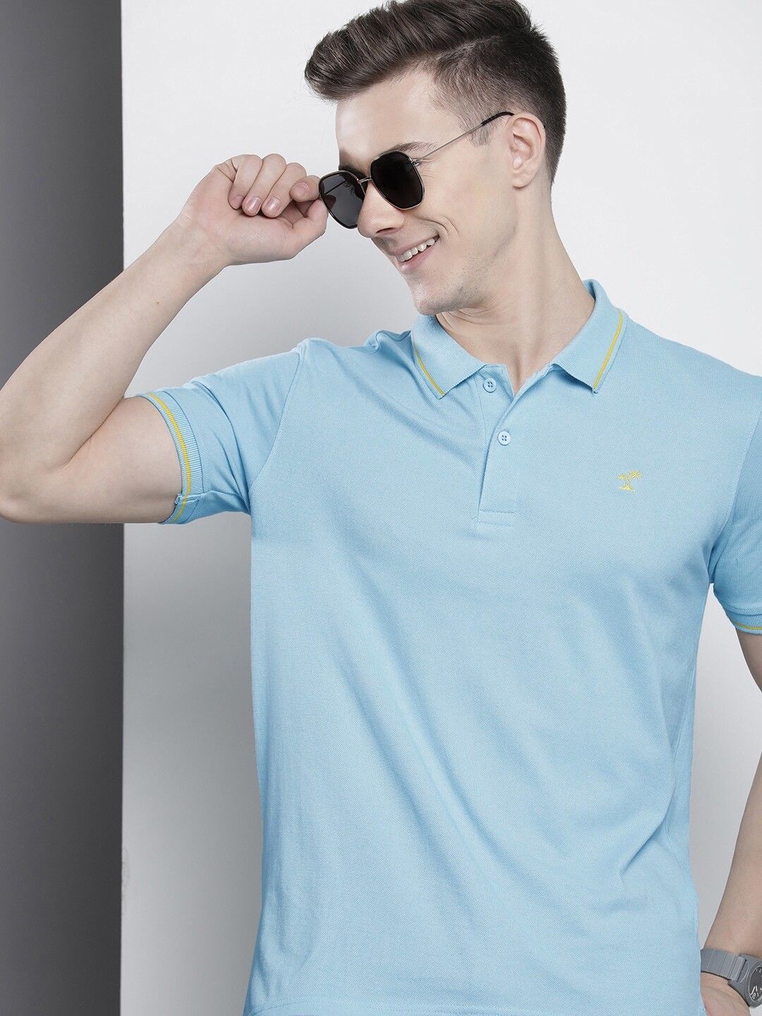 the indian garage co. Men Solid Polo Neck Cotton Blend Blue T-Shirt-picture-40
