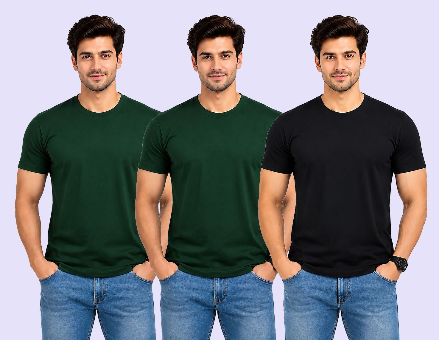 think tech Pack of 3 Men Solid Round Neck Polyester Dark Green, Black T-Shirt-picture-2