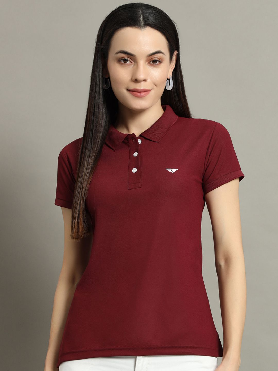 Women Solid Polo Neck Cotton Blend Maroon T-Shirt-image-26