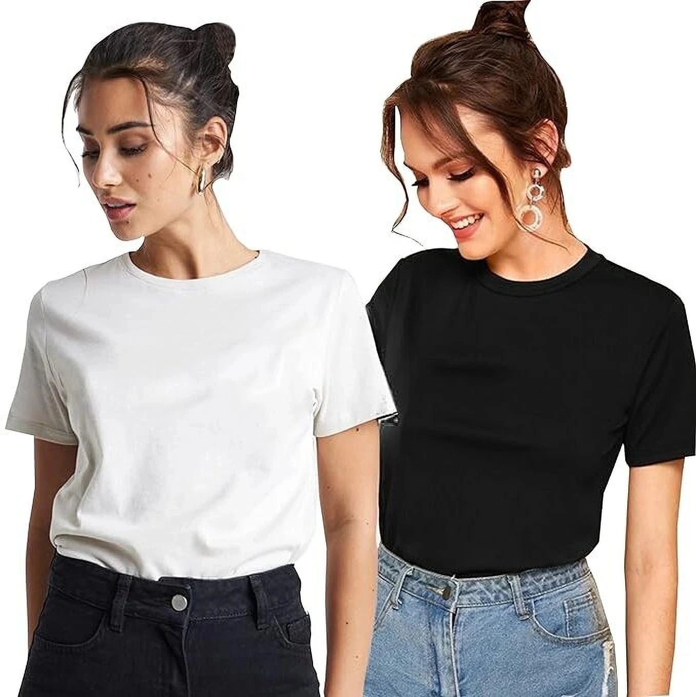 livax cotty Pack of 2 Women Solid Round Neck Pure Cotton White T-Shirt-picture-36