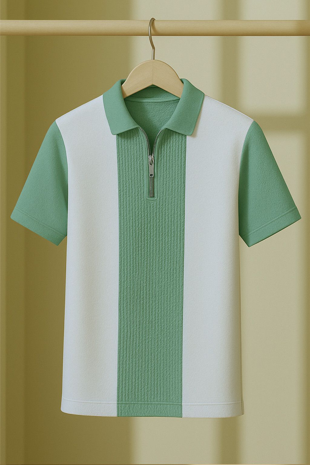 Men Checkered Zip Neck Cotton Blend White, Light Green T-Shirt