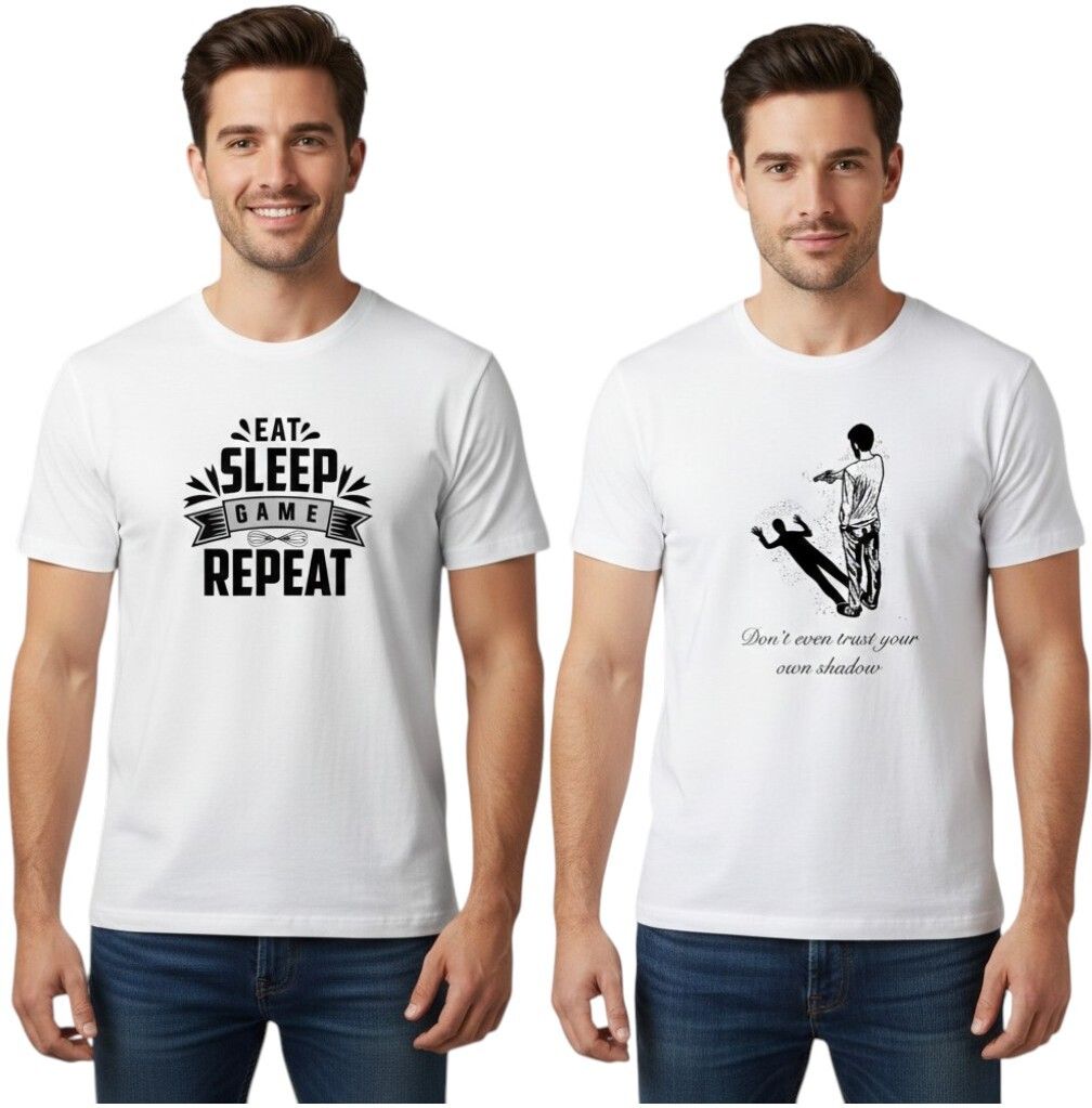 vkv fshion Pack of 2 Men Graphic Print Round Neck Cotton Blend White T-Shirt-picture-38