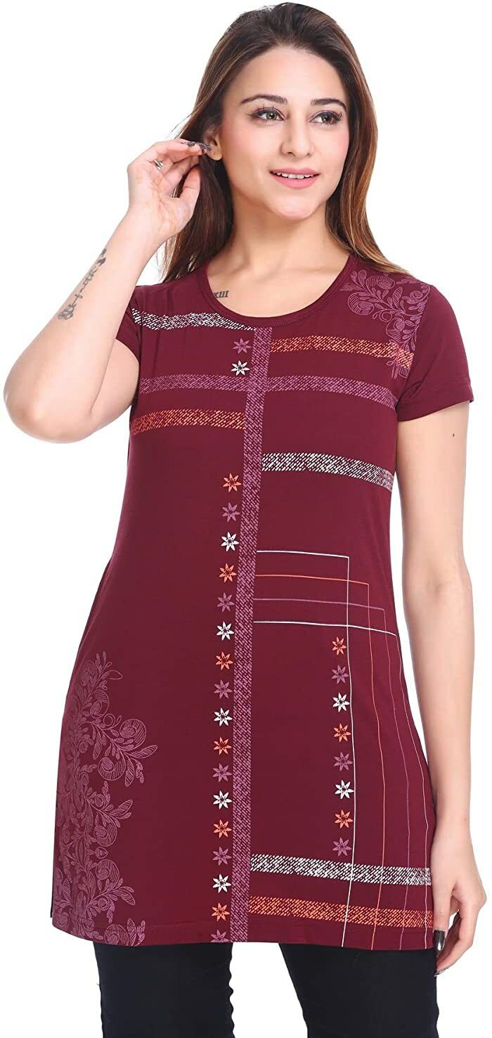 Women Printed Round Neck Cotton Blend Maroon T-Shirt-image-30