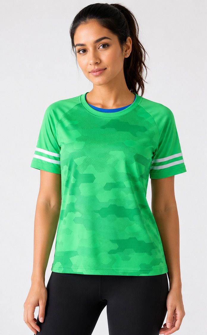 Women Military Camouflage, Printed, Striped Round Neck Elastane Green T-Shirt-image-15