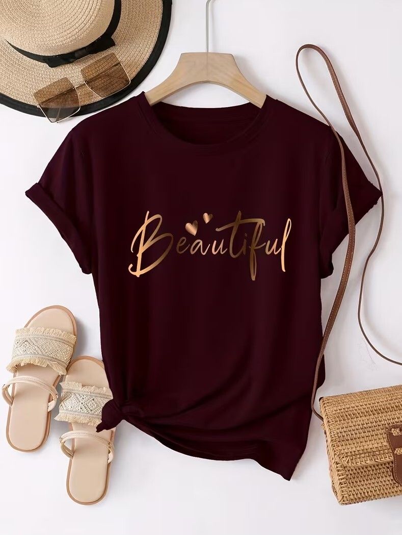 Women Typography Round Neck Pure Cotton Maroon T-Shirt-image-36