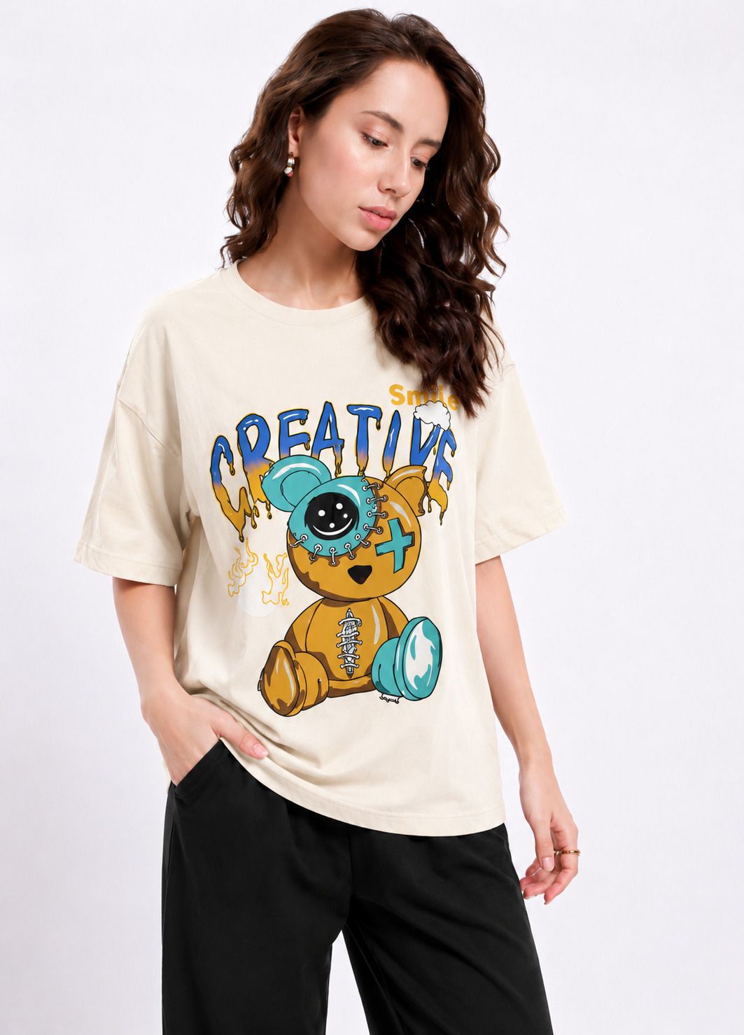 fabflee Women Printed Round Neck Cotton Blend Beige T-Shirt-picture-14