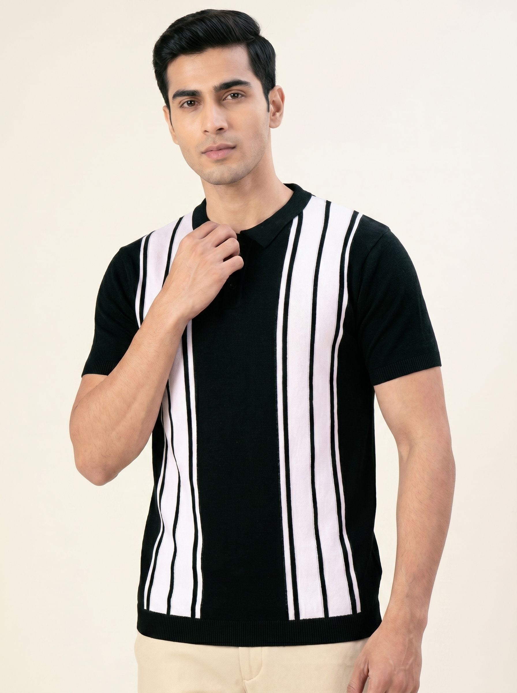 tim cooper Men Solid, Self Design Polo Neck Pure Cotton Black, White T-Shirt-picture-24