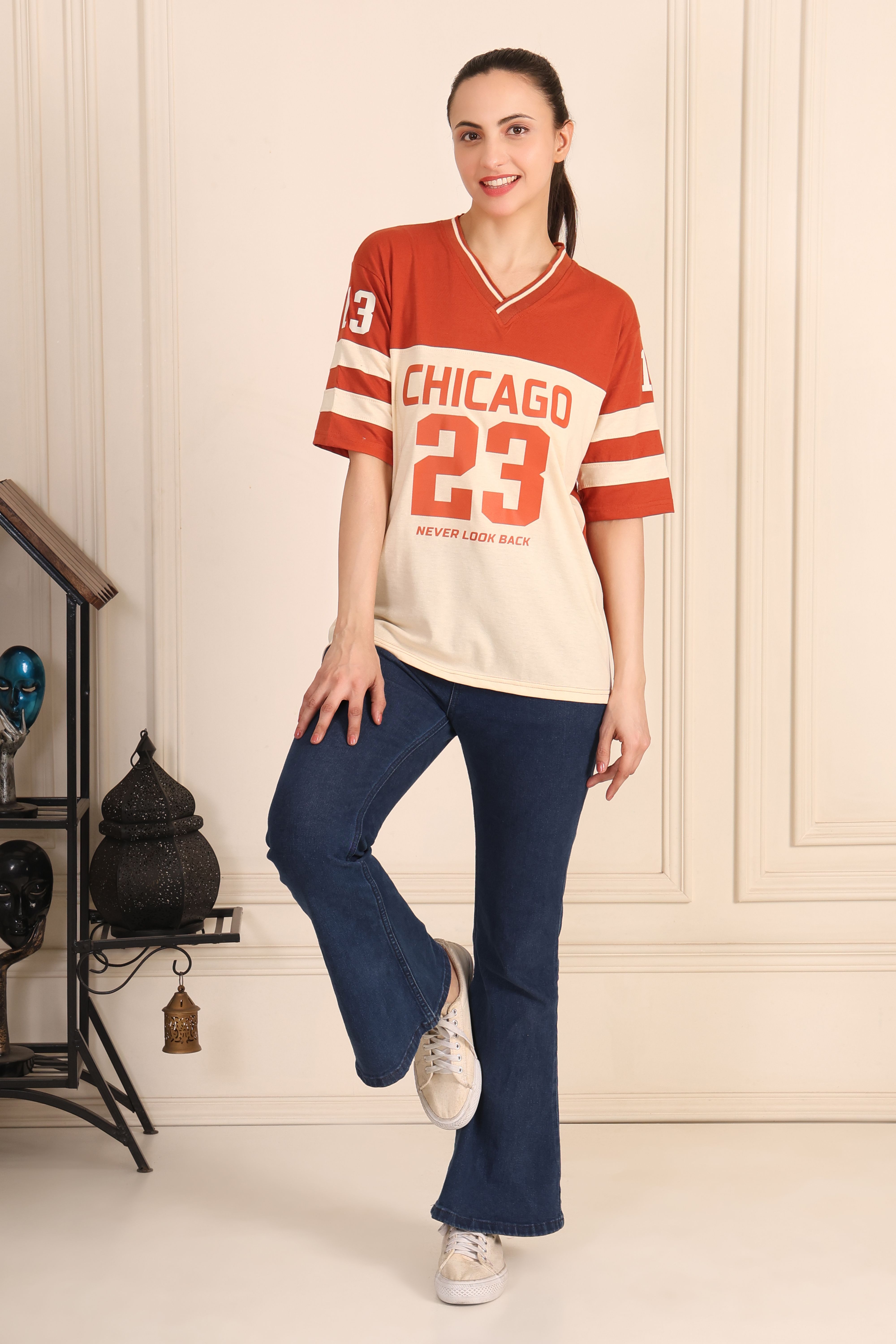 Women Printed V Neck Pure Cotton Orange T-Shirt-image-5