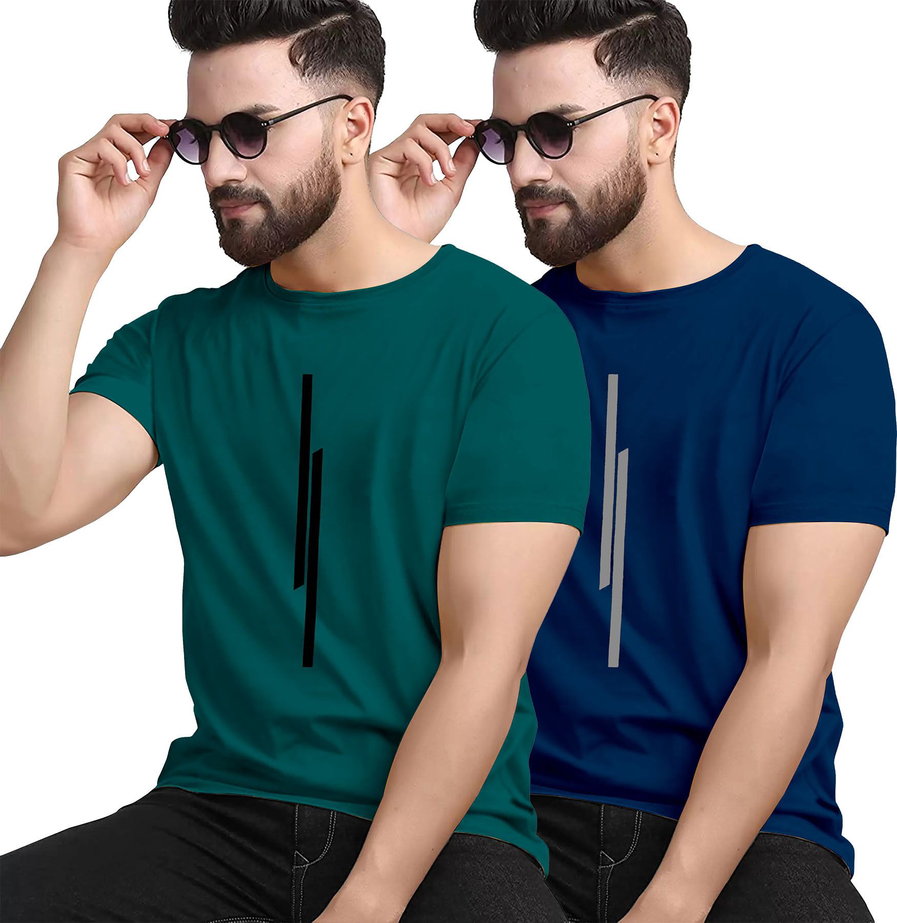 Pack of 2 Men Striped Round Neck Polyester Dark Green, Dark Blue T-Shirt-image-7