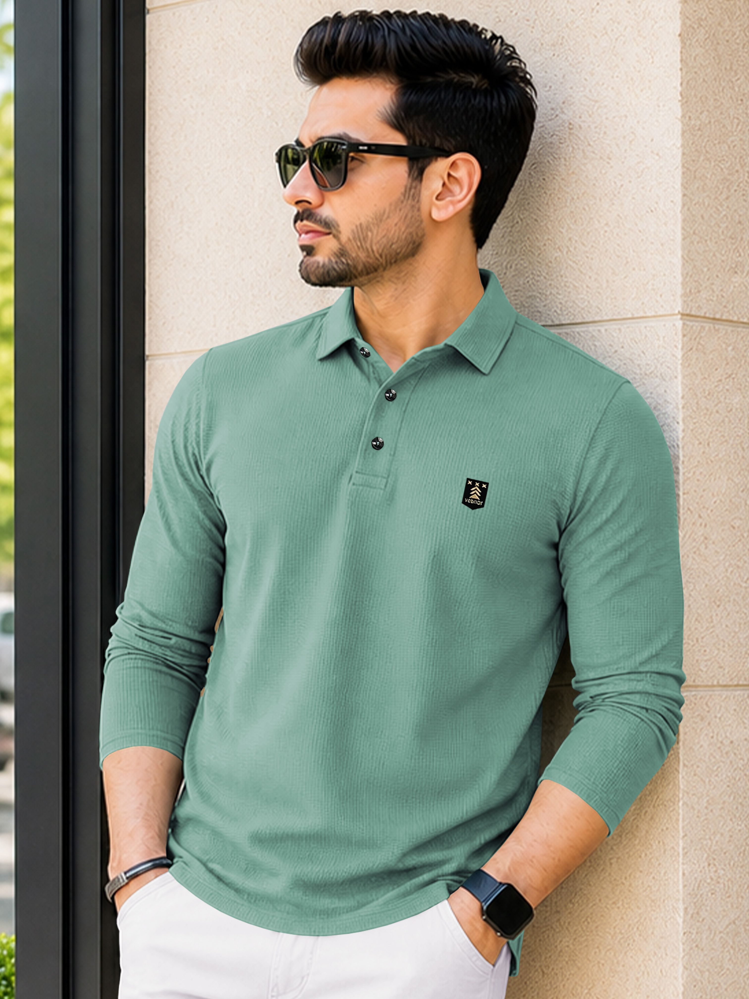 Men Self Design Polo Neck Polyester Green T-Shirt-image-15