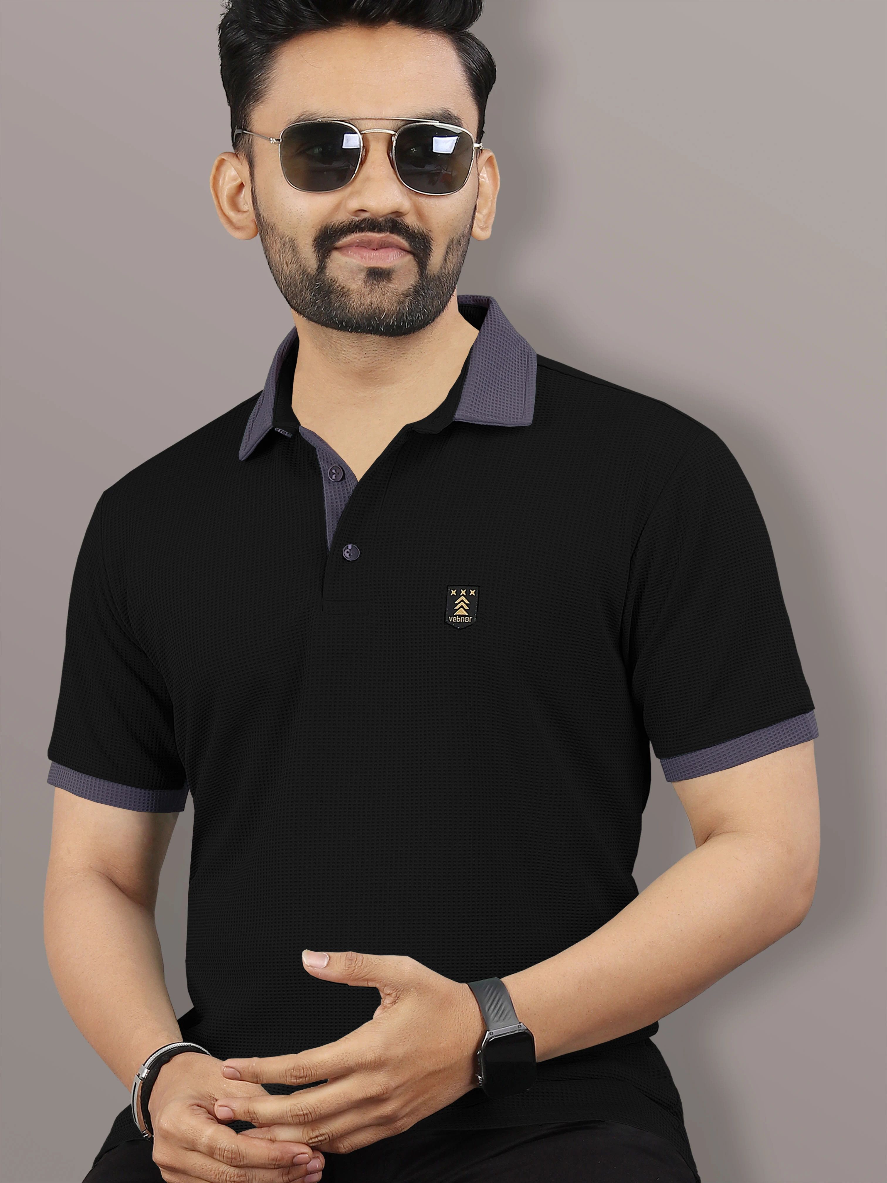 vebnor Men Self Design Polo Neck Polyester Black T-Shirt-picture-32