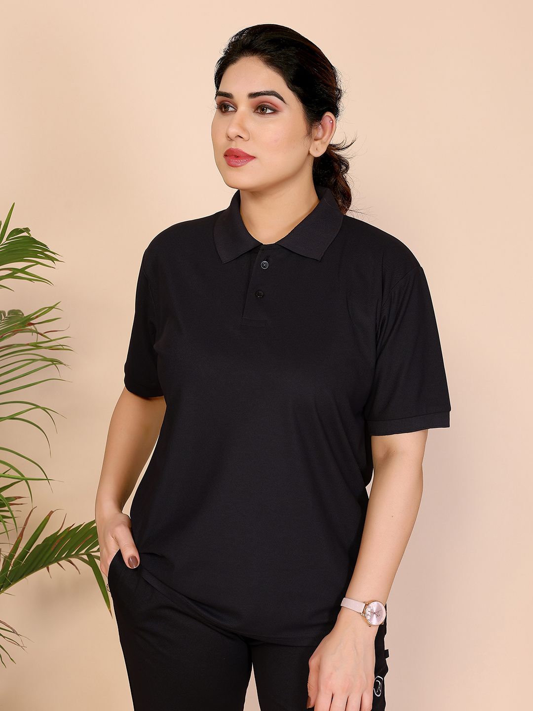 moda rapido Women Solid Polo Neck Polyester Black T-Shirt-picture-15